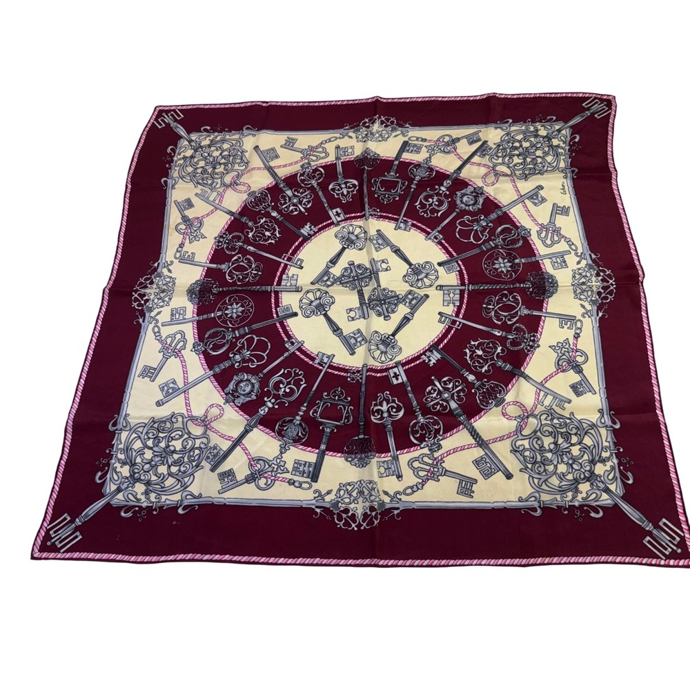 Echo Silk Scarf Burgundy Skeleton Key Print Hand Rolled Hem